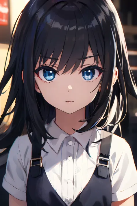 black-haired girl,  dark black, shiny, light blue eyes, killer eyes , , cute little