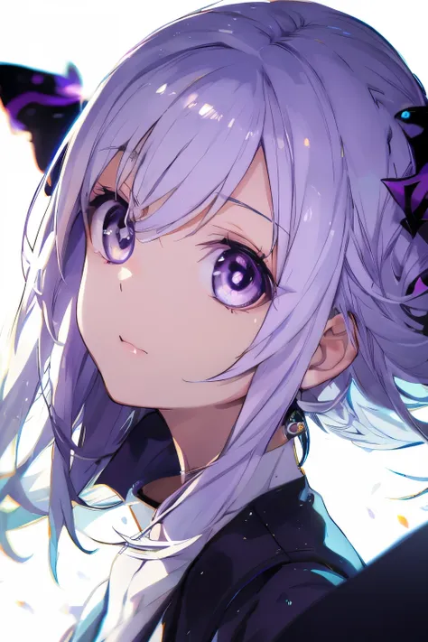 young girl with purple white hair, , dark white, shiny, light purple white eyes , killer eyes , , cute little, cute chibi style