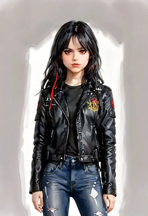 Masterpiece, ultra detailed, portrait, solo, 1girl, w3dn3sday, Latina, long hair, black hair, thin and athletic, red eyes, small frekles, wearing black leather jacket, jeans, art by Enki Bilal, watercolor, DeviantArt, high resolution, white background, sim...