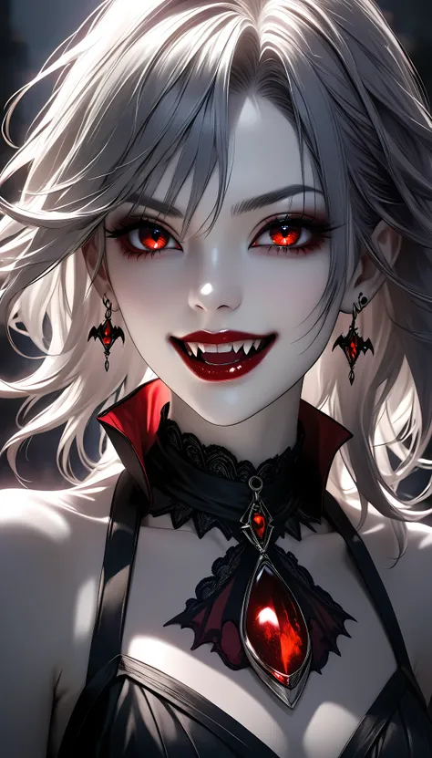 a beautiful woman with piercing red fangs, long elegant neck, intense eye focus, wearing a dark gothic dress, pale skin, dynamic...