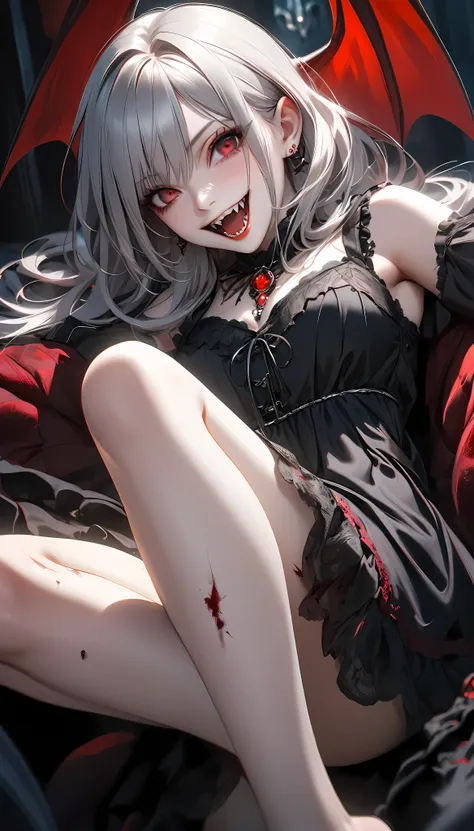 1girl, vampire, atlas character, extreme close-up, dynamic pose, piercing red fangs, chilling sinister smile, eye focus, old blo...