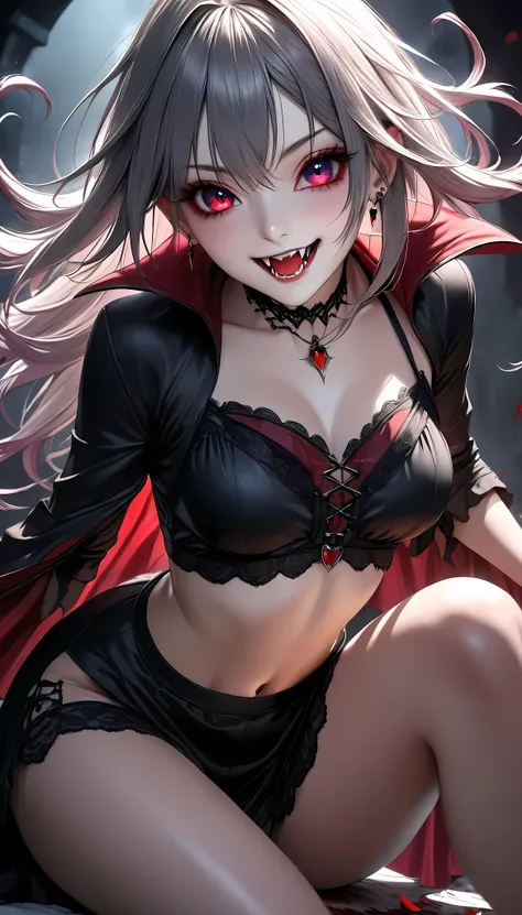 1girl, vampire, atlas character, extreme close-up, dynamic pose, piercing red fangs, chilling sinister smile, eye focus, old blo...