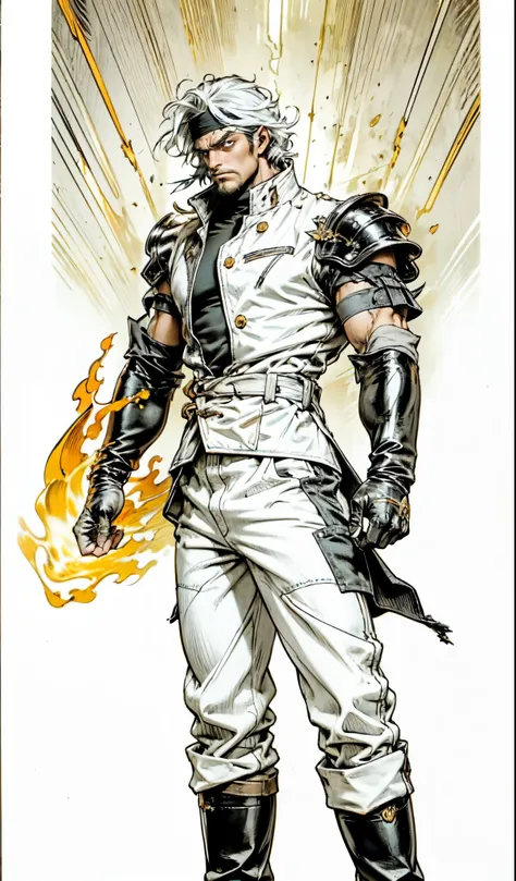 (masterpiece:1.2, best quality:1.2, extremely delicate:1.2), ((male:1.5)), a middle-aged man with slicked-back gray short hair, yellow side-parted bangs, a red-white headband tied around his forehead, deep-set eyes, a rugged face, full beard, tall and robu...