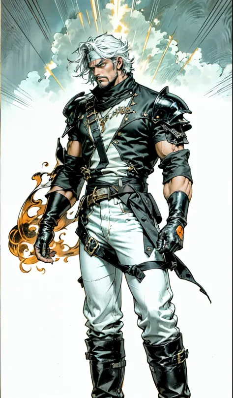 (masterpiece:1.2, best quality:1.2, extremely delicate:1.2), ((male:1.5)), a middle-aged man with slicked-back gray short hair, yellow side-parted bangs, a red-white headband tied around his forehead, deep-set eyes, a rugged face, full beard, tall and robu...