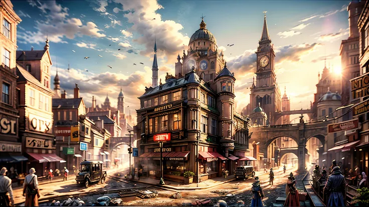 best qualtiy,masterpiece,movie-level quality,castle,steampunk,steam machine,age of steam,street,city,landscape,large airship,sky...