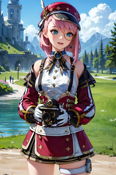 charlotteid, pink hair, hat, gloves, monocle, bare shoulders, green eyes, long sleeves, short hair, detached sleeves, skirt, blu...