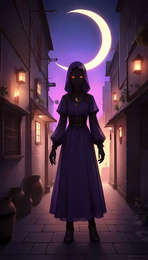 score_9, score_8_up, score_7, there is an alley in a medieval street at night, lit by torchlight, the crescent moon is high in t...