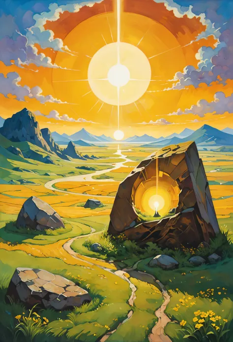 (  Depicted in painting by Dorothy Lathrop and Aaron Horkey:1.5)，Vast grassland，Large slanted stone slab ，Mountains stand in the distance， mystical landscape photography , glowing oil painting style ， Inc. yellow-brown futuristic images on the miracle ston...