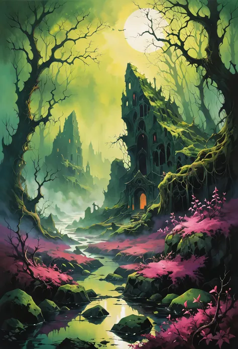 (  Depicted in painting by Dorothy Lathrop and Aaron Horkey:1.5)，dark swamp ， Low, Dry Trees ， flooded ruins ， mystical landscape photography , glowing oil painting style ，Inc深Purpleible futuristic images appear on the Miracle Stone， cover art for mystical...