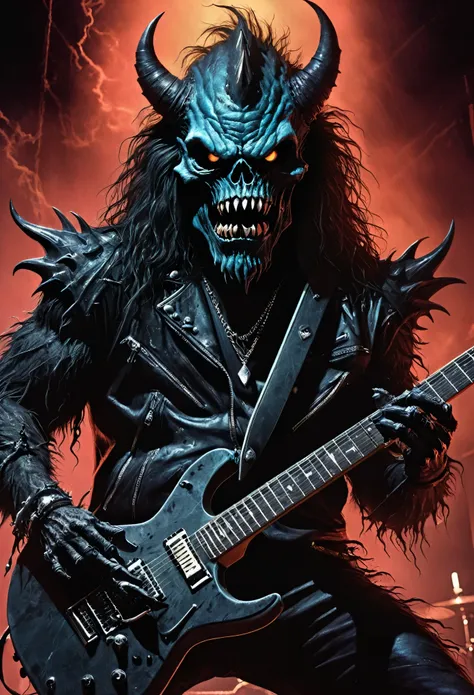 a dramatic, cool illustrative artwork inspired by 1980s heavy metal aesthetic of a scarry monster playing guitar.