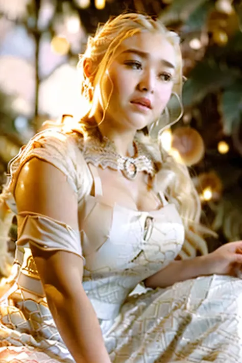 amanda manopo,, enormous breasts ,,((wearing daenerys winter outfit)) long white curly and wavy white hair tied in a daenerys ha...