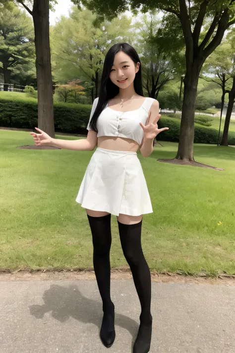 Standing in an empty park、  young Japanese woman 、 cute feminine clothes、  miniskirt、  idol style  、  black stockings 、Cute face 、 Long black hair 、smile、 Open Hands 、Full body portrait