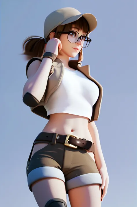 score_9, score_8_up, score_7_up, 1girl, 3d, fio germi, brown hair, glasses, medium hair, ponytail, brown eyes, crop top, hat, ja...