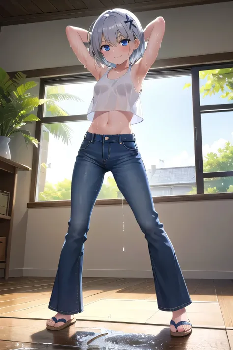 masterpiece,best quality,ultra detail,1girl, 14yo,petite,smile happy, garden, shining, sunny, cloud, short hair, blue eyes, silver hair, hair ornament, ribbon hair ornament, middle breasts, Raise your arms and behind your head, Open your mouth, white tank ...