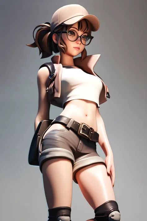 score_9, score_8_up, score_7_up, 1girl, 3d, fio germi, brown hair, glasses, medium hair, ponytail, brown eyes, crop top, hat, ja...