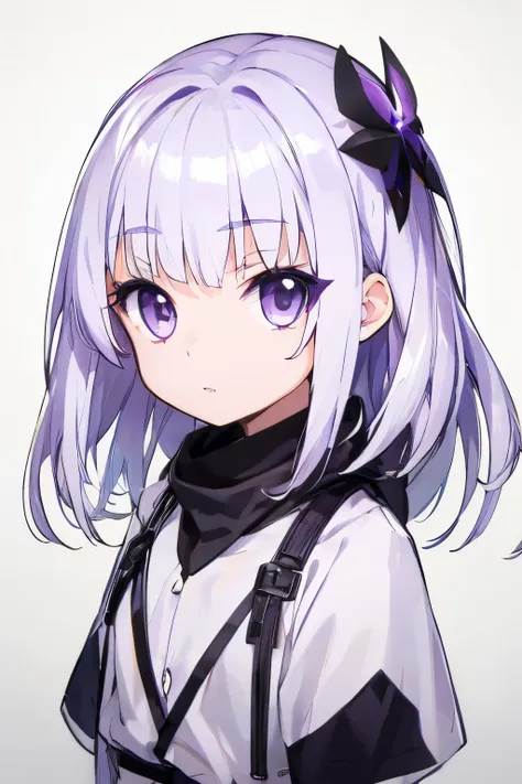  Young girl with purple white hair, , dark white, shiny, Light purple white eyes , Shiny white eyes, Killer eyes , , cute little, Cute Chibi Style