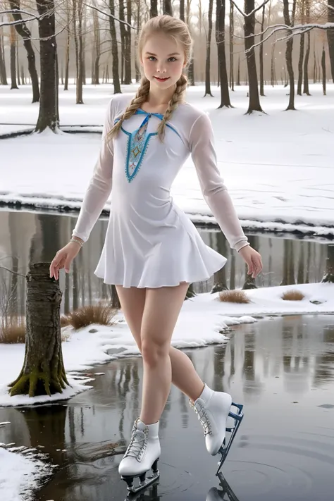 a beautiful young tall girl, slim , in a very short dress, snow maiden skates in a winter magical forest, glides gracefully acro...