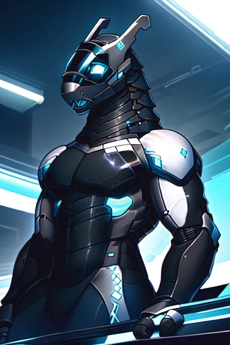 synth, black body, full black body, blue eyes, three fingers, futuristic gym background