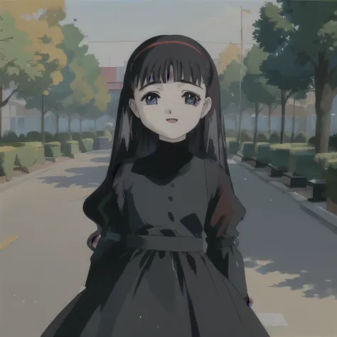 (RAW picture), 1girl, daidouji_tomoyo with black eyes, wearing (black laced dress), happy, at the parc, full body, soft smile, spring
BREAK
very detailed, full of detail, blue sky, sun, cinematic lighting, tree, nature, wind