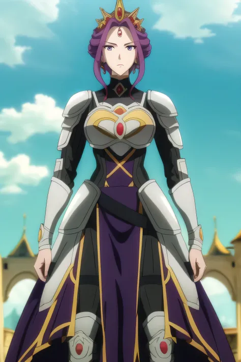 (Day:1.5),a castle with towers and towers on top of a hill with trees and clouds in the background and a blue sky,
Standing at attention,
purple and white outfit,armored dress,shoulder armor, armor,armored boots,
purple_hair, purple_eyes, jewelry, earring...