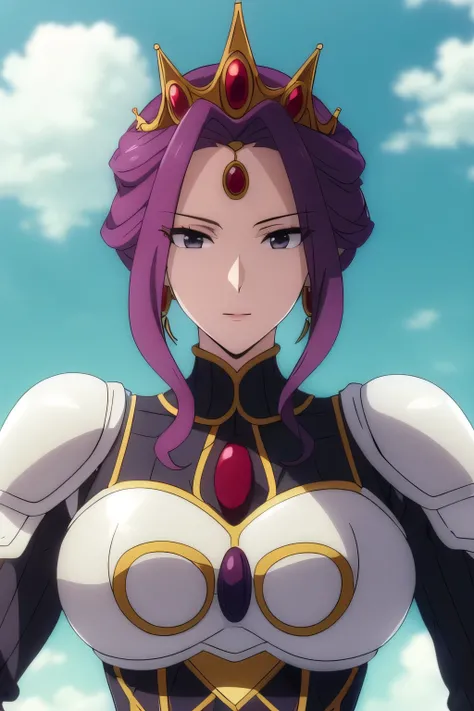 (Day:1.5),a castle with towers and towers on top of a hill with trees and clouds in the background and a blue sky,
Standing at attention,
purple and white outfit,armored dress,shoulder armor, armor,armored boots,
purple_hair, purple_eyes, jewelry, earring...