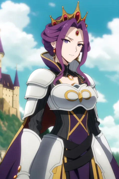 (Day:1.5),a castle with towers and towers on top of a hill with trees and clouds in the background and a blue sky,
Standing at attention,
purple and white outfit,armored dress,shoulder armor, armor,armored boots,
purple_hair, purple_eyes, jewelry, earring...