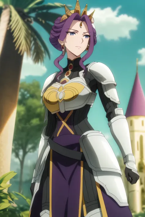 (Day:1.5),a castle with towers and towers on top of a hill with trees and clouds in the background and a blue sky,
Standing at attention,
purple and white outfit,armored dress,shoulder armor, armor,armored boots,
purple_hair, purple_eyes, jewelry, earring...