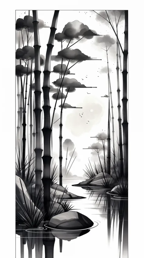 ((quiet竹林:1.2))、bamboo forest path、 darkness deep in bamboo grove、繊細なink paintingの竹林、a long bamboo grove:1.6、(best quality、4k、8k...