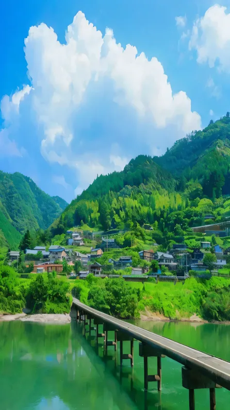 "a tranquil japanese mountain village scene with a long concrete bridge stretching across emerald-green lake waters. traditional...