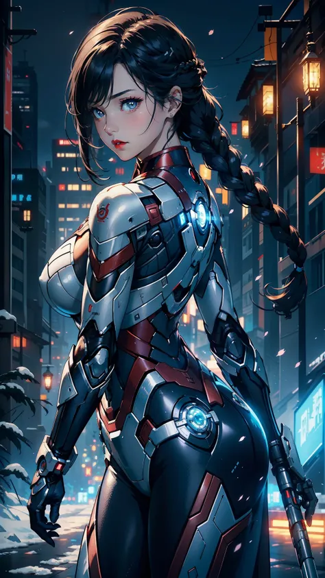 1female，35yo，plumw，extremely large bosom， solo，（Background with：，Cherry blossom forest，Cyberpunk-city）standing on your feet， She has short black hair，standing on your feet，seen from the front， Twist braids， mostly cloudy sky，（（（tmasterpiece），（Very detailed...