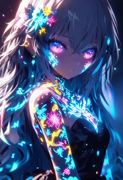 anime screenshot, artistic illustration of a female anime character adorned with glowing neon sakura energy tattoo, the tattoo o...