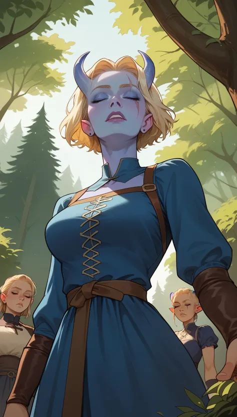 score_9, score_8_up, score_7_up, score_6_up, soruce_anime, 1girl, 20 year old, beautiful face, blue horns pointing up, (blue skin), tiefling woman, medieval, linen dress, blonde hair, short hair, scar, taaking a walk through the woods, forest, bliss, close...