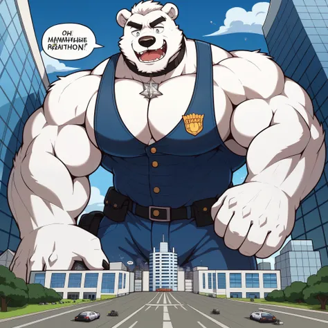 gekritzeltes polar bear Gesicht,Humanity  (polar bear),pummelig,(  black eyebrows  :1.1),(perfect eyes),White fur，police,（artist:takemoto arashi),（collar:1.3），paw，（ Black beard :1.3），（policeuniform:1.3) polar bear,(Massiv:3.0,  big muscle :1.2(  heavyweigh...