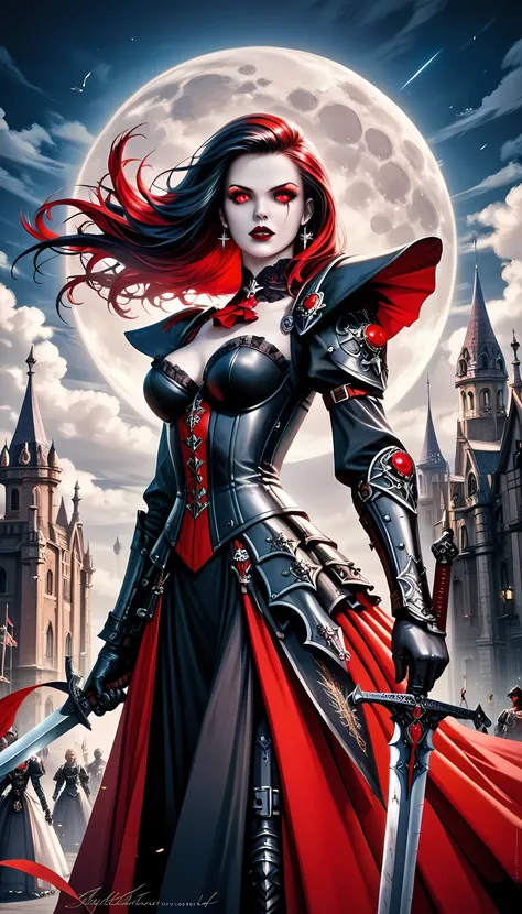 score_9, score_8_up, score_7 , Arafed, dark fantasy art, gothic art, a picturק of a vampire ready for battle, female vampire, armed with a sword, wearing heavy armor , armed with a sword, shining sword, ultra detailed face (intricate detailed, Masterpiece,...