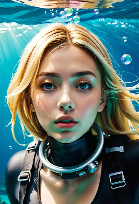  photorealistic、Live-action version、 Beautiful 20-year-old Blond Haired Woman with Big Eyes 、 scuba diving 、 black wetsuit、goggles、 oxygen cylinders and oxygen masks 、weight、fin、 Drawing Authentic Diving Equipment with Accurate Details、Underwater footage、L...