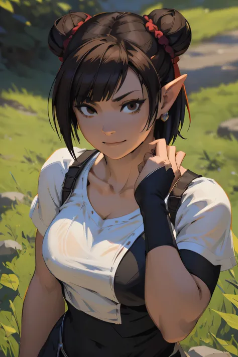 There was a woman sitting at the table LAUFEN, SHORT HAIR, DOUBLE BUN, BLUNT BANGS, Laofen, brown hair, brown eyes, hair_ornament, arafed woman with long black hair and a white shirt, seductive tifa lockhart portrait, tifa lockheart, tifa lockhart portrait...