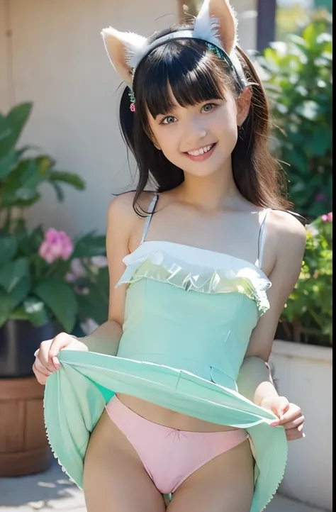 1girl in, :D, 12yo, animal ear fluff, Animal ears, Bangs, black hairbanD, long black hair, Blurry, Blurry backgrounD, Depth of fielD, Dress, flower, flower pot, ((frilleD Dress:1.2)), ((frilld, green Dress:1.2)), hairbanD, holDing, Long hair, Open mouth, p...