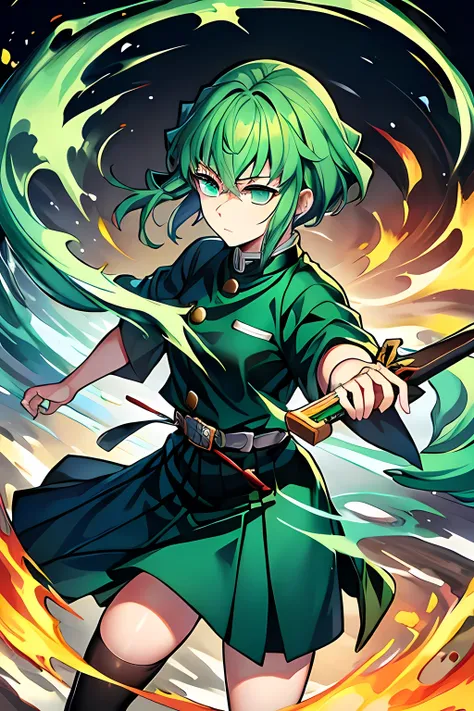 demon slayer, guy with short spikey light green hair, hazle eyes,  wearing a haori,  and uniform, holding a sword