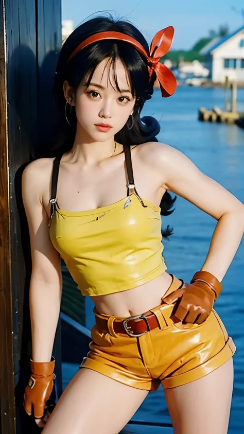 A girl with blue hair and a big ribbon, beautiful and clear eyes, leaning forward and looking at the camera, yellow tank top with leather straps, khaenim shorts with a leather belt, leather gloves, friendship bracelet, cool pose, background is cream colore...