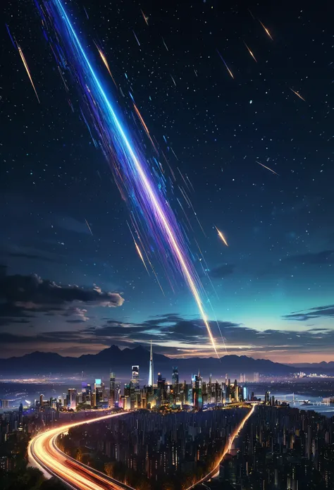 a shooting star over a city skyline, detailed night cityscape, dramatic lighting, beautiful glowing trails, cinematic composition, cinematic colours, dramatic atmosphere, sci-fi, hyper-realistic, intricate details, 8K, highest quality, masterpiece