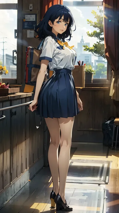 anime - style illustration of a woman in a high school uniform, anime character, official character art, full body, female anime girl, (smile:1.5), standing by the high school, big breast, (big butt), medium hair, bare legs,