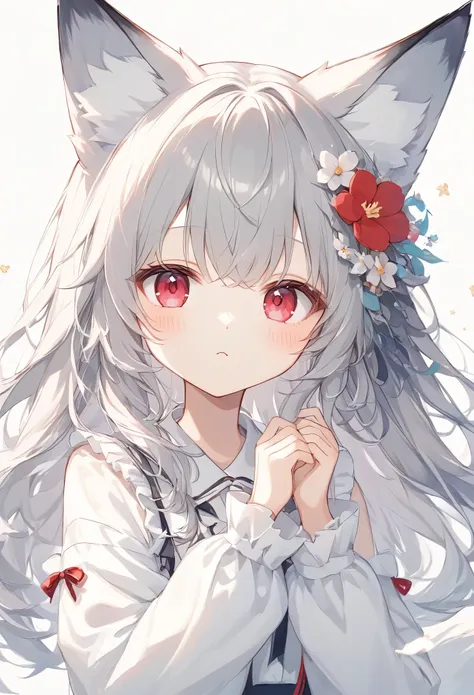 ((type your text 、"like, favorite 30k thank you!"text)),thin and soft painting style、white fox girl  、grey hair、  smooth long ha...