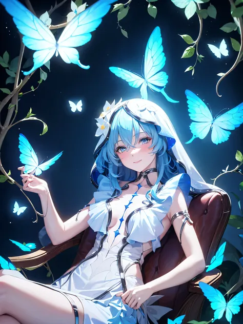 ((sole female)), shorekeeper, sitting, smiling, blushing, blue flower, blue glowing butterfly, glow effect, glowing hairs, glowi...