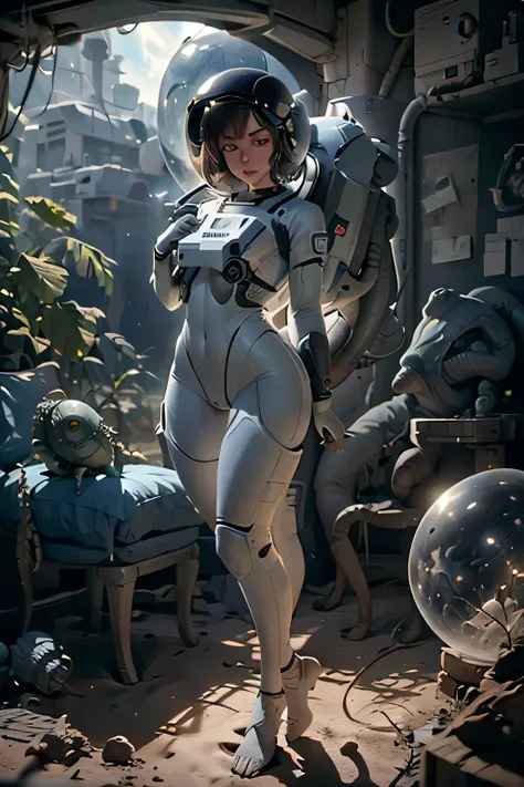 a beautiful twenty-year-old woman was napped by an alien on an unknown planet, she is wearing a space suit , she is wearing a sp...