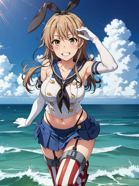 ((Best Quality,  high definition,   perfect pixel,  4K)),  ( Beautiful Anime Girls ),  depth of field 、

isshiki iroha、　(Big Breasts)、

shimakaze (kancolle)、
elbow gloves、
striped thighhighs、
highleg panties、
blue pleated skirt、
boots,

blush、 grin 、

sea、