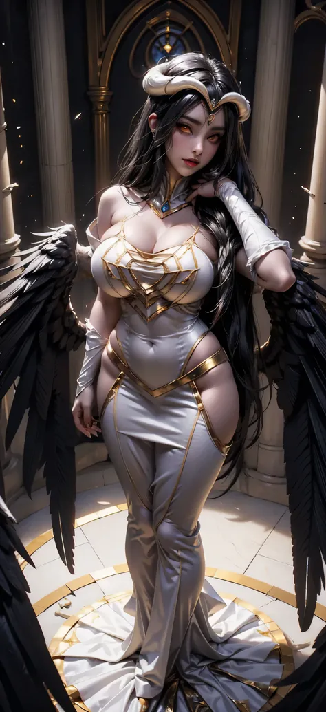 a (super realistic) beautiful sexy woman(albedo _overlord) with (orange eyes with perfect detailing) and white attire(detailed) ...