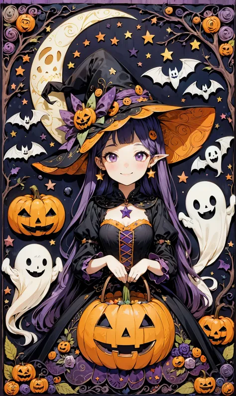 handicraft artwork,patchwork,cloth,button,Felt fabric,Embroidery thread,Handicrafts with a warm and gentle atmosphere,(Halloween: a girl in a witch costume smiles happily,a person with short, curly hair,star,Night Sky,ghost silhouette,Bats,Halloween Backgr...