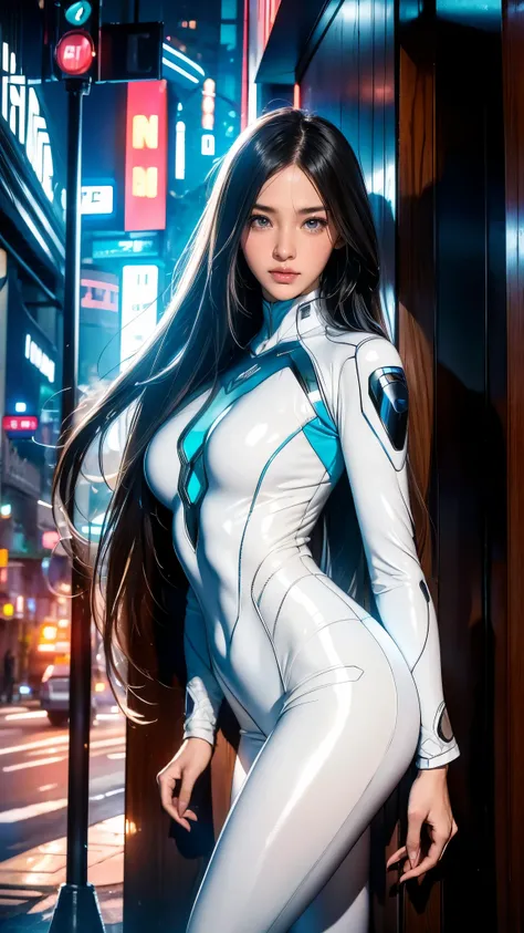 Insightful eyes,Long flowing hair,Very long, long, long hair,Porcelain white face,Soft and shiny, Futurist, futurist suit, neon light suit