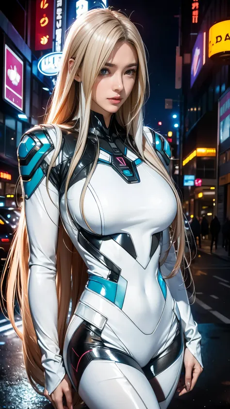 Insightful eyes,Long flowing hair,Very long, long, long hair,Porcelain white face,Soft and shiny, Futurist, futurist suit, neon light suit