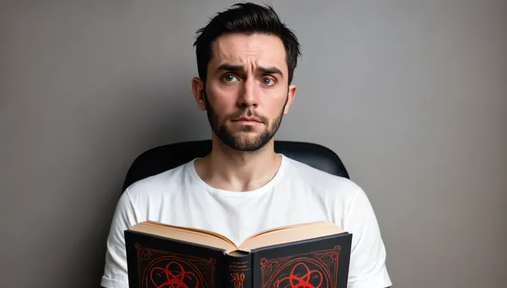 man, 30 years old, worried about the book with a human skin cover and demon symbols